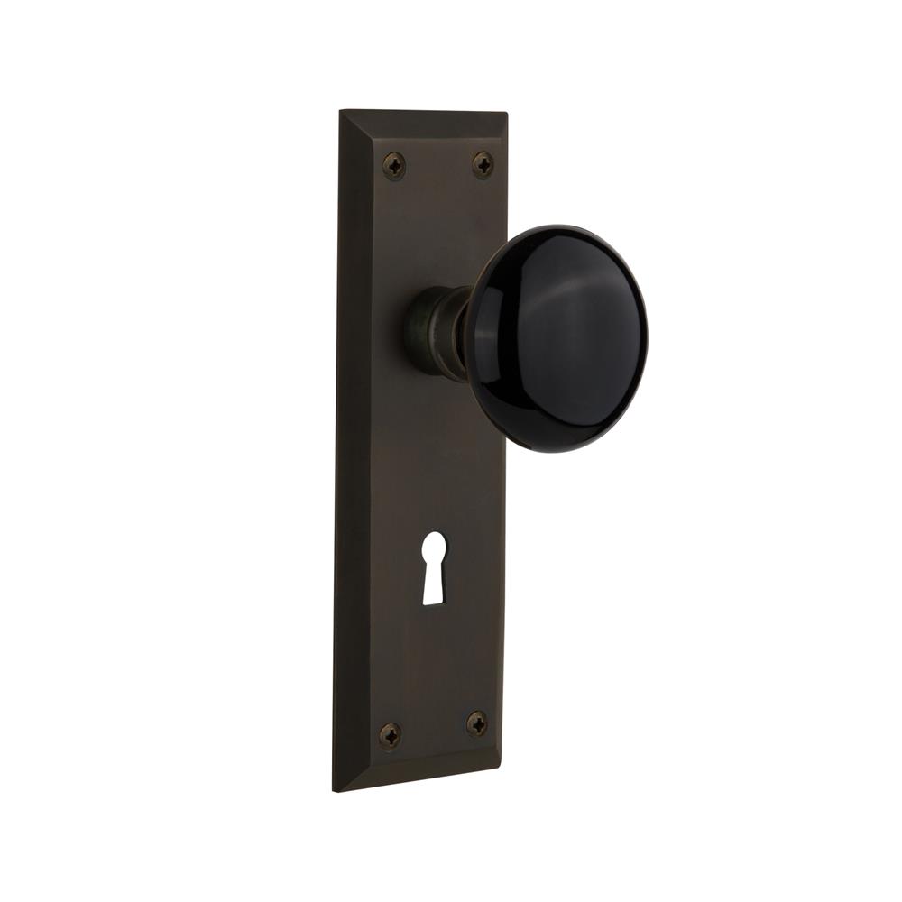 Nostalgic Warehouse NYKBLK Mortise New York Plate with Black Porcelain Knob with Keyhole in Oil Rubbed Bronze